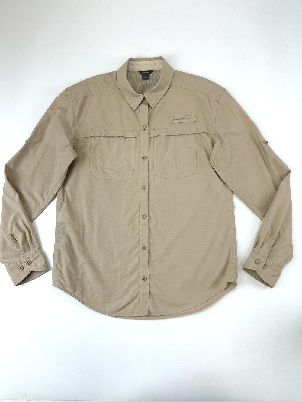 Eddie Bauer Adventurer Pro Field beige womens shirt Roll tab sleeves Performance